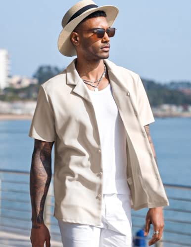 COOFANDY Men's Short Sleeve Button Down Shirt Wrinkle Free Untucked Dress Shirts Summer Beach Fitted Cuban Shirt Green