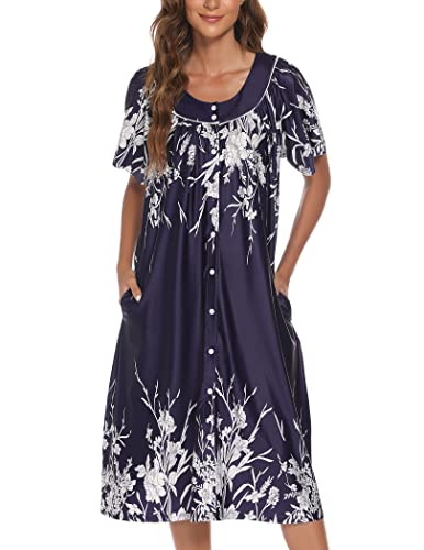 YOZLY House Dress for Women Short Sleeve House Coat Mumu Duster Robe with Pockets, Navy, Large