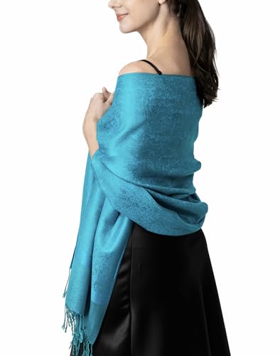 Achillea Women's Two Tone Vintage Jacquard Paisley Pashmina Shawl Wrap Scarf (Light Blue Tan)
