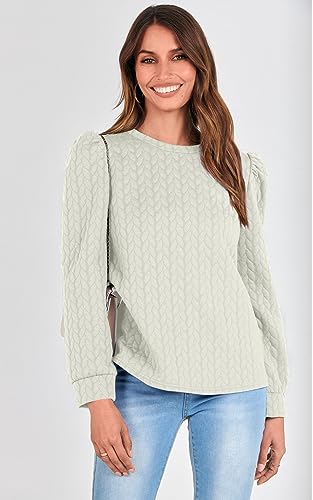 PRETTYGARDEN Fall Outfits Women Trendy Puff Sleeve Sweatshirts Crewneck Twist Texture 2024 Warm Winter Pullover Tops (Apricot,S)