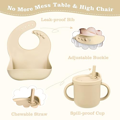 Silicone Baby Feeding Set, Baby Led Weaning Supplies with Suction Bowl Divided Plate, Toddler Self Feeding Dish Set with Spoons Forks Sippy Cup Adjustable Bib, Eating Utensils for 6+ Months(Beige)