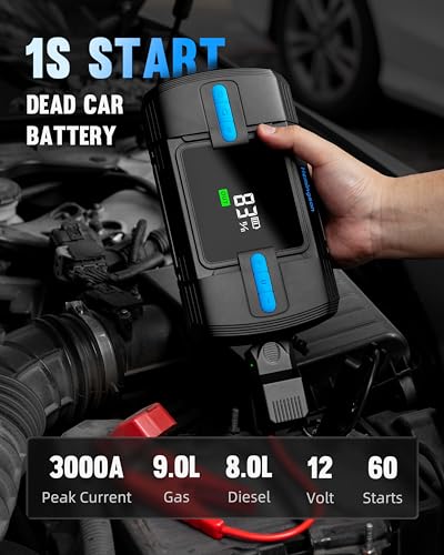 Car Jump Starter with Air Compressor, Hemingson 160PSI 3000A Portable Car Battery Jump Starter (9.0L Gas/8.0L Diesel), 12V Car Battery Jump Box Jumper Starter with Oversized LCD Display, Lights
