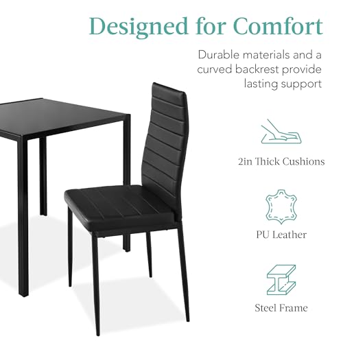 Best Choice Products 3-Piece Glass Dining Set, Modern Kitchen Table Furniture for Dining Room, Dinette, Compact Space-Saving w/Glass Tabletop, 2 Upholstered PU Chairs, Metal Steel Frame - Black
