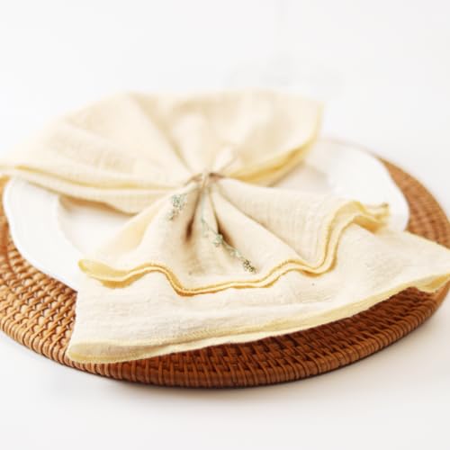 Dololoo Handmade Gauze Napkins 16.5x16.5 Inches 100% Cotton Cloth Napkins, Set of 4 Versatile Handmade Square Rustic Fringe Napkins for Dinner, Wedding and Parties, Beige