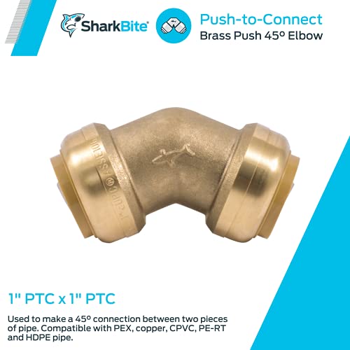SharkBite 1 Inch 45 Degree Elbow, Push to Connect Brass Plumbing Fitting, PEX Pipe, Copper, CPVC, PE-RT, HDPE, U660LFA