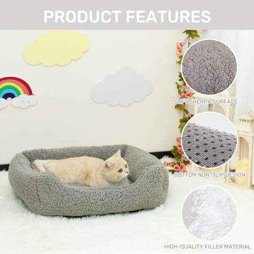 Hollypet Rectangle Pet Bed Sherpa Fleece Dog Bed, Self-Warming Pet Bed for Small-Sized Dogs Cats Sleeping Bag Cushion, Gray