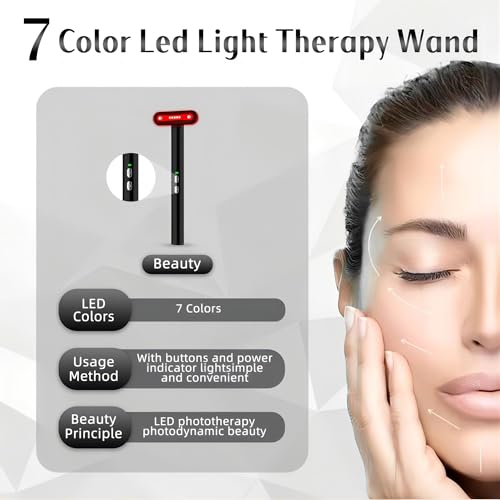 Fxtiaa Led-Light-Therapy, 7 Color Face Skincare Wand with Facial Massager LED Face Skin Rejuvenation for Face & Neck & Eye Skincare Equipment Red Light Wand
