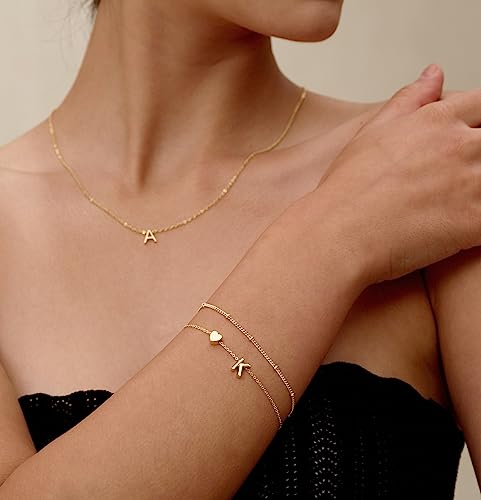 DEARMAY Dainty Initial Heart Gold Bracelets for Women Trendy, 14K Real Gold Letter Charm Bracelet Jewelry Cute Simple Fashion Chain Bracelets for Women Gift L