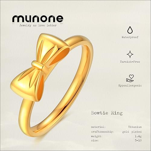 munone Bow Ring Bowtie Knot 18k Gold Plated Titanium Cute Stackable Non Tarnish Comfort Bands Rings for Women