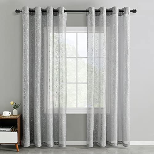 Silver White Sheer Curtains for Bedroom - Metallic Silver Foil Sparkle Sheer Curtains 63 Inch Length, Grommet Sparkle Curtain Panels for Window, 52 x 63 Inch, 2 Panels, Silver White