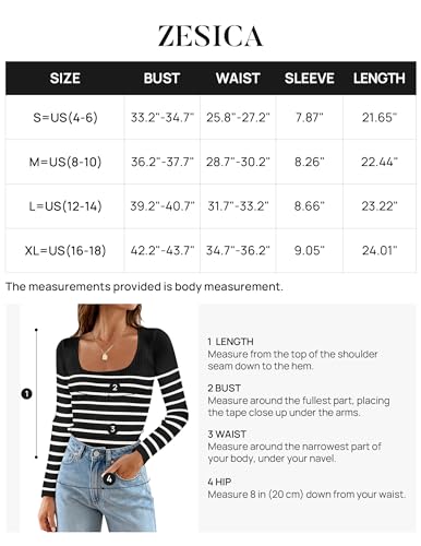 ZESICA Women's Ribbed Long Sleeve Sweater Square Neck Knit Tops 2024 Fall Casual Striped Pullover Black S