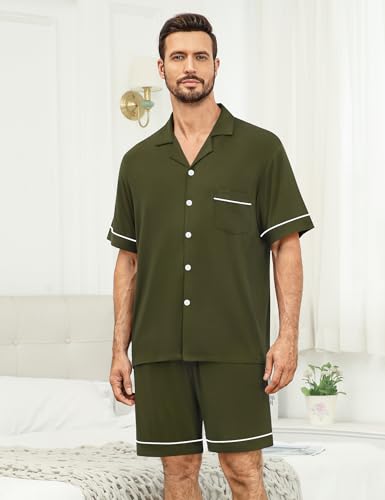 SWOMOG Mens Pajama Set Shorts Button Down Short Sleeve Sleepwear Soft Modal 2Pcs Pj Set with Pockets Army Green Small