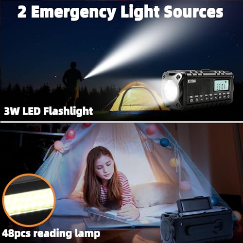 Emergency Crank Weather AM/FM Radio with 2 Solar Panels 5 Charging Modes NOAA Weather Scan 3 Modes Flashlight Cell Phone Charger SOS Alarms for Home Outdoor (Gray)