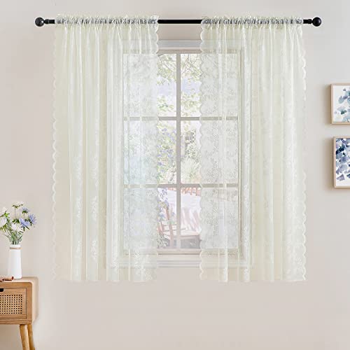 MIULEE White Lace Curtains 84 Inches Long for Living Room Bedroom, Scalloped Sheer Curtains Rose Floral Embroidered Farmhouse Window Drapes Vintage European Tulle Retro Style, Rod Pocket, 2 Panels Set