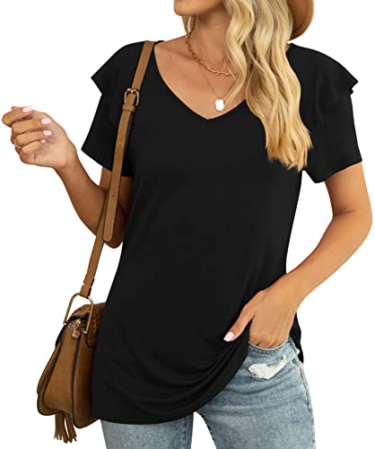 YVH Womens Tops, Short Sleeve Ruffle V Neck Semi Casual Shirts for Women Soft Comfy Loose Fit Blouse, Polka Dot Black, 3XL