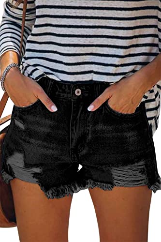 Boyfriend Jean Shorts for Women Distressed Cut Off Denim Short High Waist Denim Shorts Distressed Mid Rise Black M