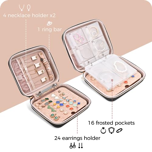 ProCase Medium Travel Jewelry Organizer Case, Jewellry Home Storage Book Ring Binder with Clear Pockets for Presentation, Zippered Pouch Bag for Earrings Necklaces Bracelets -Black