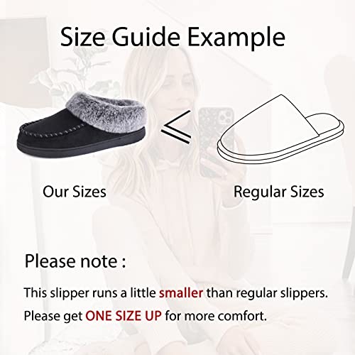 ULTRAIDEAS Women's Memory Foam House Slippers with Hard Bottom, Fur Lined House Shoes with Non-Slip Rubber Sole for Indoor & Outdoor (Black, 5-6)