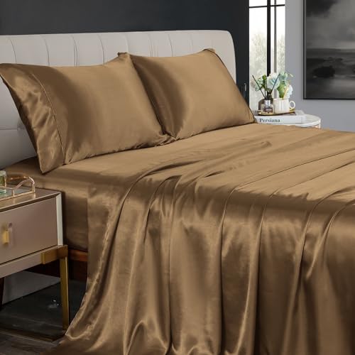 JOOKI Queen Size Satin Sheets Deep Pocket,Super Soft Cooling Sheets Queen Size,Queen Silk Sheets Set Deep Pocket,Wrinkle Free,Breathable,Yellow Leopard