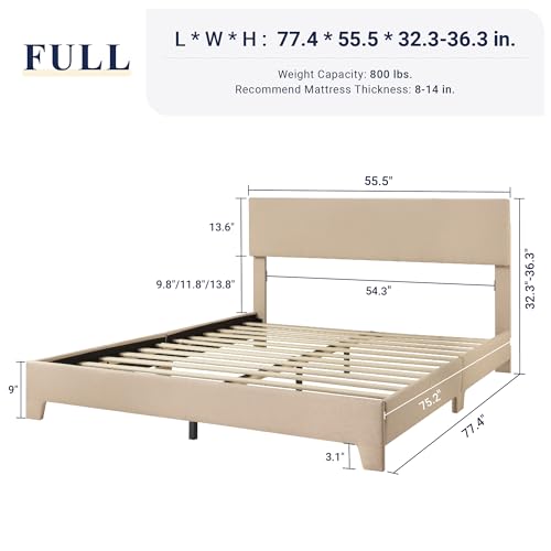 Allewie Full Size Bed Frame with Adjustable Headboard, Upholstered Platform Bed with Wood Slats, Heavy Duty Mattress Foundation, No Box Spring Needed, Noise-Free, Easy Assembly, Beige