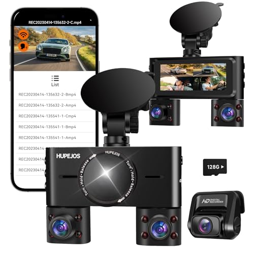 360 Dash Cam Front and Rear Inside, 4 Channel Dash Camera for Cars FHD 1080Px4, Built-in Wi-Fi, 3.16” IPS Screen, WDR Night Vision, Included 64GB Card, 24H Parking Mode