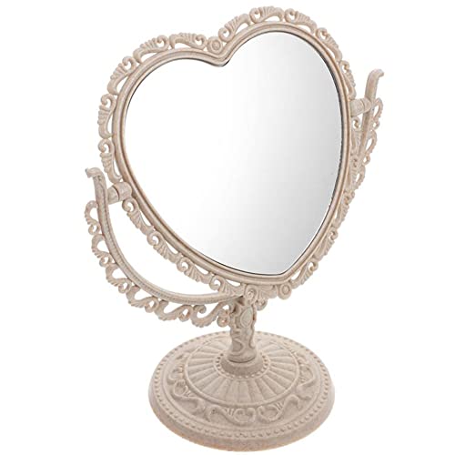 AKOAK Heart-Shaped Cosmetic Mirror - Plastic, Double-Sided, Rotatable, Lightweight - Bathroom & Bedroom Mirror (Beige)