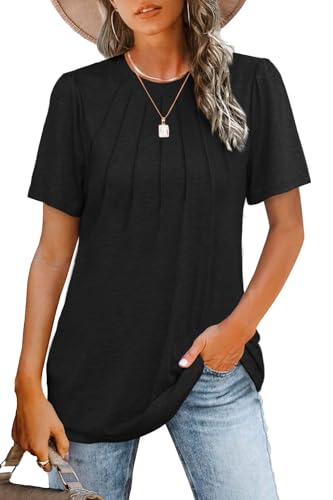 Short Sleeve Tops for Women Pleated Tunic Tops for Women Loose Fit Dressy Summer Shirts Light Green S