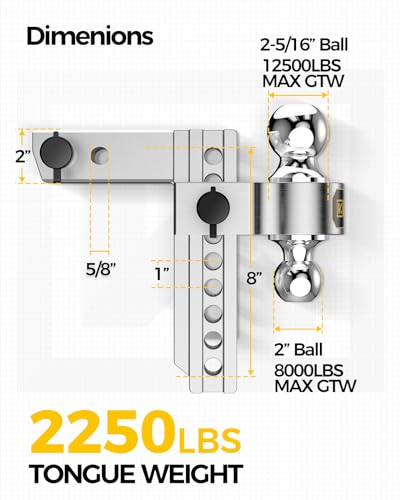 KYX Adjustable Trailer Hitch, 6 Inch Drop/Rise 12500 LBS GTW, Ball Mount Trailer Hitch Fits 2" Receiver, Heavy Duty Dual Ball (2'' X 2-5/16'') Tow Hitch with Anti-Theft Pins Locks for Trucks