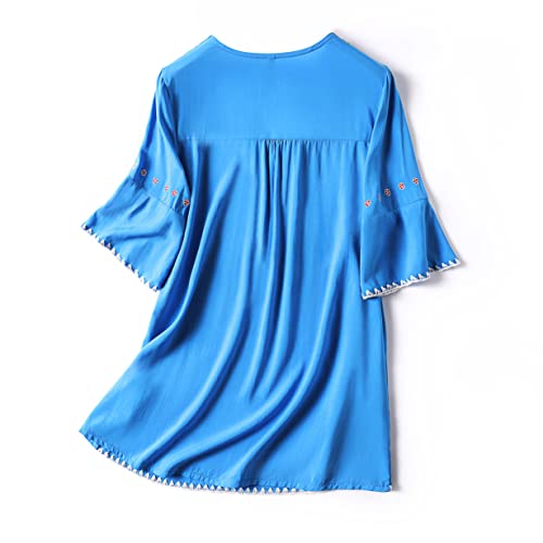 Ashir Aley Mexican Shirts Peasant Blouses Cotton Embroidered 3/4 Sleeve Bohemian Tops Boho Clothes for Women Summer and Fiesta Blue