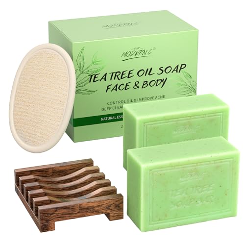 POP MODERN.C Tea Tree Soap Bar for Face & Body Wash Tea Tree Oil Bath Soaps for Athlete's Foot Body Odor Acne Deep Clean Men Women All Skin Types with Soap Holder Body Scrubber Mesh Soap Bag 2x150G