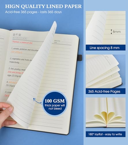PERCUN A4 Lined Journal Notebook,365 Page Large Leather Journals for Writing Women Men,Hardcover Notebook with 100Gsm Thick Pages for Travel,Work,School,College Ruled, Daily Diary (8.5" x 11.4")