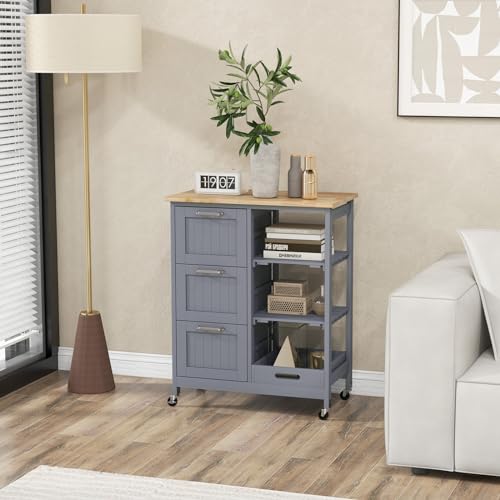 GOFLAME Kitchen Island Cart on Wheels with Storage, Versatile Rolling Cart with Wood Countertop, 3 Drawers, Removable Tray & Lockable Casters, Mobile Serving Trolley for Kitchen, Dining Room, Grey