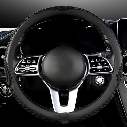 LKWLIKEI Car Steering Wheel Cover, Universal 15 inch, The Latest Microfiber Leather Breathable Technology Fabric, Non-Slip, Comfortable, Warm in Winter and Cool in Summer, Black