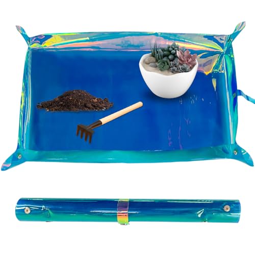 ONEART | Holographic Transparent Plant Repotting Mat Iridescent PVC Waterproof Planting Mat Indoor Outdoor Transplanting Tray Pad, 16.9" × 26.3" (Blue)