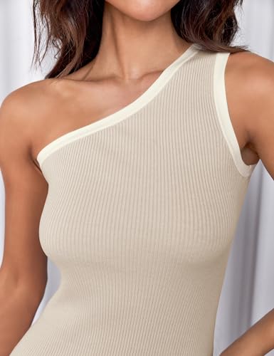 ZESICA Women's Summer One Shoulder Bodycon Midi Dresses 2024 Casual Sleeveless Ribbed Knit Side Slit Vacation Dress,Almond,Samll