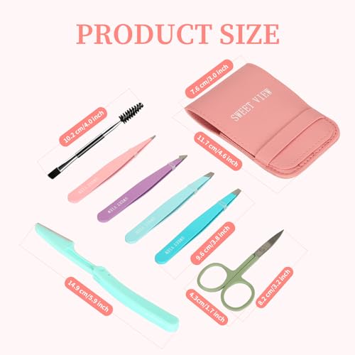 SWEET VIEW 7pcs Eyebrow Tweezers Set for Women Precision Plucker with Brow Scissors & Razor & Spoolie for Facial, Chin,Brow, Splinter and Ingrown Hair