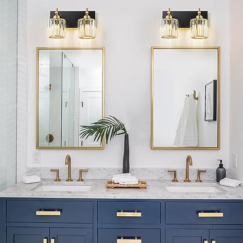 HUOKU Modern Crystal Bathroom Vanity Lights, Gold 4-Lights Bathroom Light Fixtures Over Mirror, Crystal Wall Lighting with Polished Gold Finish