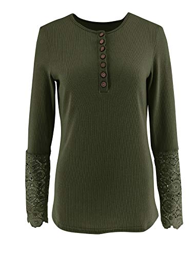 Limerose Women's Long Sleeve Lace Trim Tunic Tops Button Down Casual Blouse Cute Crew Neck Ribbed Shirt Wine