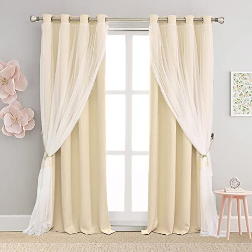 SOFJAGETQ Beige Blackout Curtains with Sheer 54 Inches - Double Layered Short Blackout Curtains with Voile Sheer Drapes for Kids/Girls Bedroom Nursery Living Room, Biscotti Beige, 2 PCs