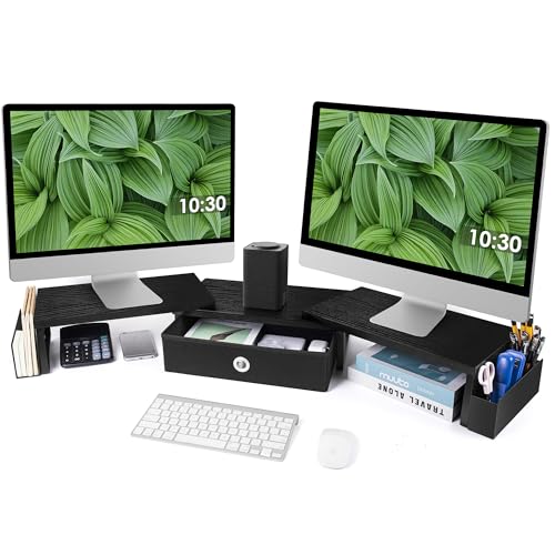 Dual Monitor Stand Riser w/ Drawer & Metal Leg, Large Computer Monitor Riser w/ Storage For 2 Monitors, Desk Shelf For Monitor w/ Adjustable Length & Angle, Desktop Organizer For Laptop/TV/Printer