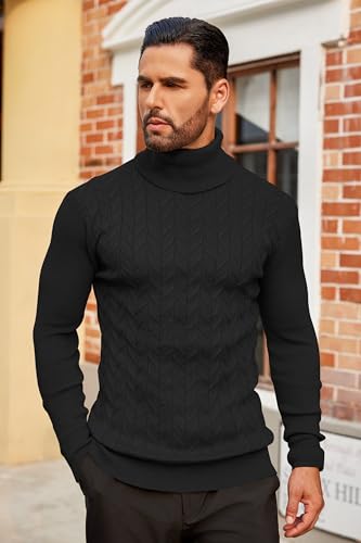 COOFANDY Men's Slim Fit Turtleneck Sweater Casual Pullover Sweater Basic Twist Patterned Knitted Sweater Khaki