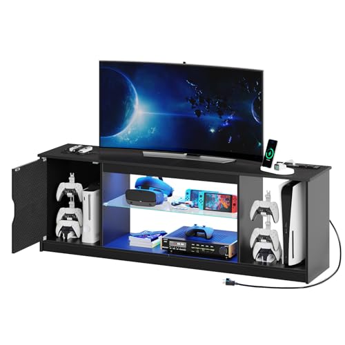 Bestier LED TV Stand with Power Outlets for 55/60/65 Inch TV, Gaming Entertainment Center with Cabinet for PS5, Modern TV Cabinet with Adjustable Glass Shelves for Living Room, Bedroom 58 Inch,Black