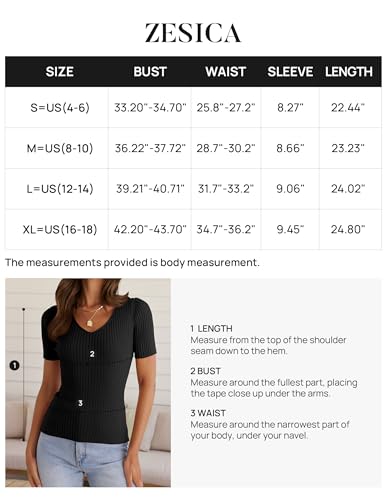 ZESICA Women's Short Sleeve T Shirts 2024 Summer V Neck Tops Casual Ribbed Knit Slim Fit Basic Tees,White,Small