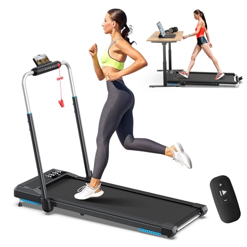 WELLFIT 3.0HP Folding Treadmills with Incline, Under Desk Walking Pad 340+LBS Weight Capacity, Treadmill for Home Office with Handle Bar, Foldable Treadmill Work with KINOMAP Apple Health No Assembly