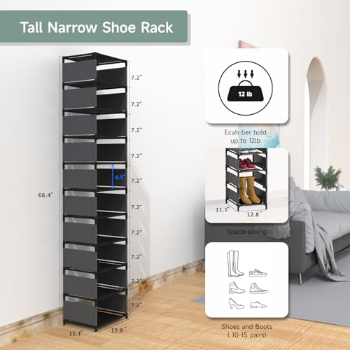 Vertical Narrow Tall Shoe Rack for front Door Entrance,10 Tiers Sturdy Metal Shoe Rack Organizer for Closet Entryway, 10-15 Pairs of Shoes and Boots Storage Shelf, Space Saving Stackable Shoe Rack