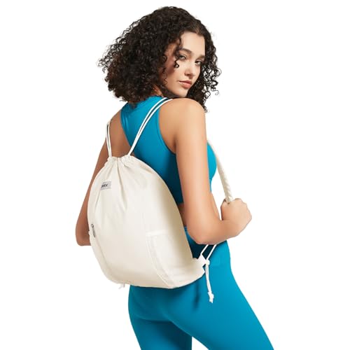 WANDF Drawstring Backpack with Shoulder Pad Sports Gym Backpack with Mesh Pocket String Bag for Women Men (Beige)