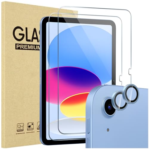 ProCase 2 Pack Screen Protector for iPad 10th Generation + 2 Pack Camera Lens Protector Matching iPad Colors, Tempered Glass Film for iPad 10 10.9 2022 -Blue