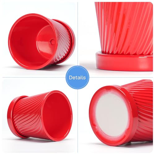Ton Sin Plant Pots, 6 Inch Flower Pots for Plants,Ceramic Planter with Drainage Holes,Indoor Planter Pots with Saucer,Outdoor Garden Pots (Red, 4 Pack)