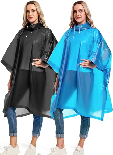 HOOMBOOM Reusable Rain Ponchos with Drawstring Hood for Adults, Waterproof Thicken Rain Coat, 2 Packs