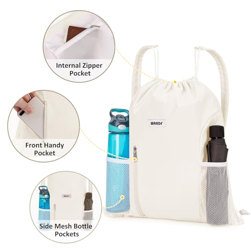 WANDF Drawstring Backpack with Shoulder Pad Sports Gym Backpack with Mesh Pocket String Bag for Women Men (Beige)